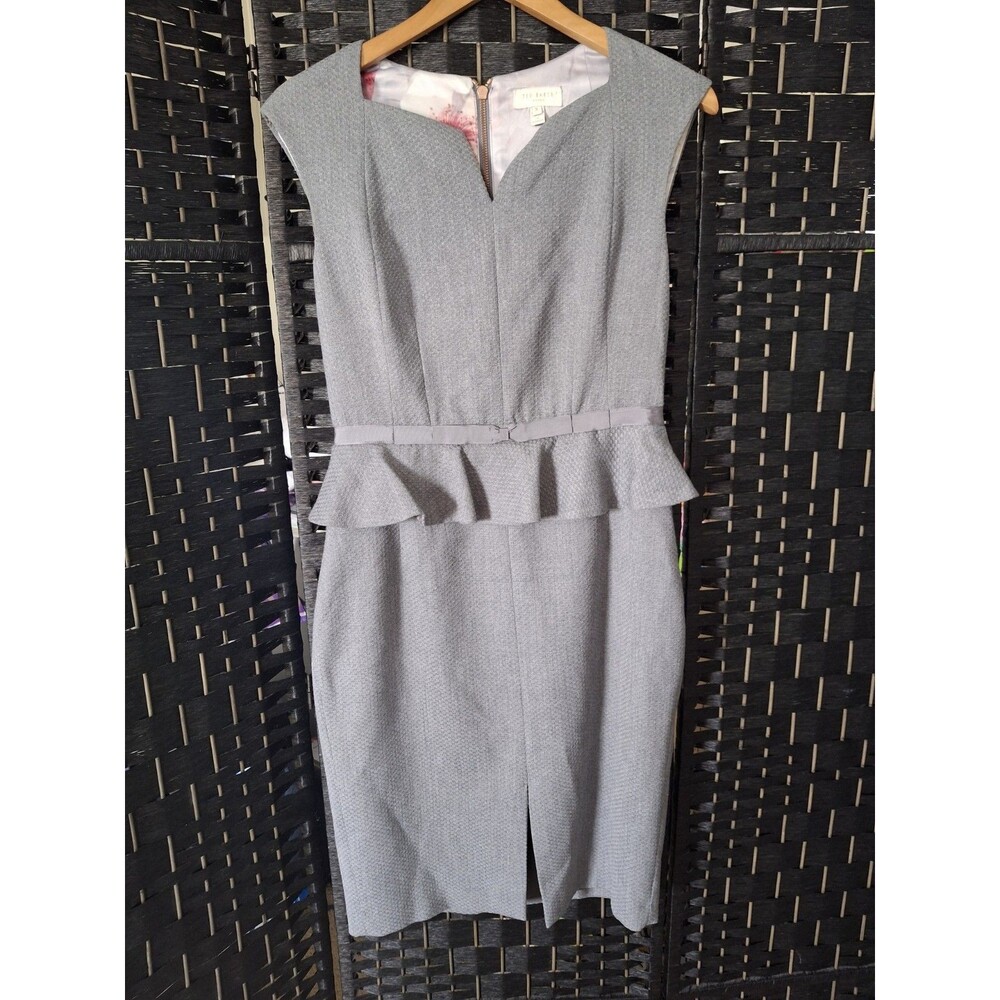 Ted Baker Nadaed Bow Detail Textured Peplum Dress Gray Womens Size 3 Medium 6-8